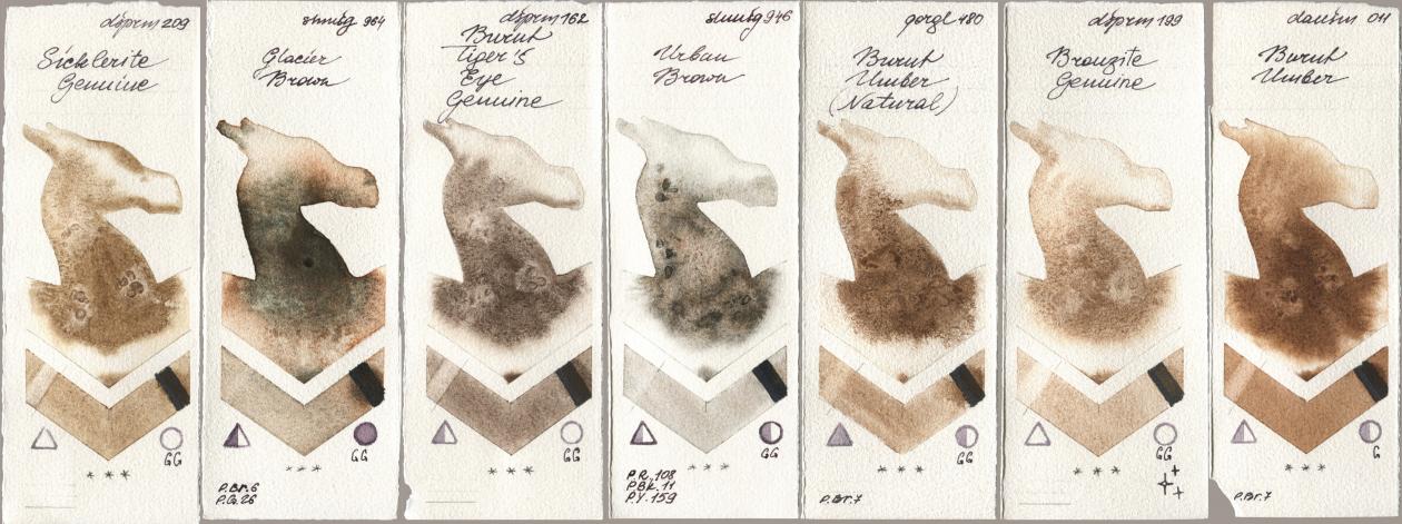 Daniel Smith 209 Sicklerite Genuine, Shminke Horadam Aquarell 964 Glacier Brown, 162 Burnt Tigers Eye Genuine, 946 Urban Brown, Golden QOR 480 Burnt Umber (Natural), 199 Bronzite Genuine, 011 Burnt Umb watercolor swatch