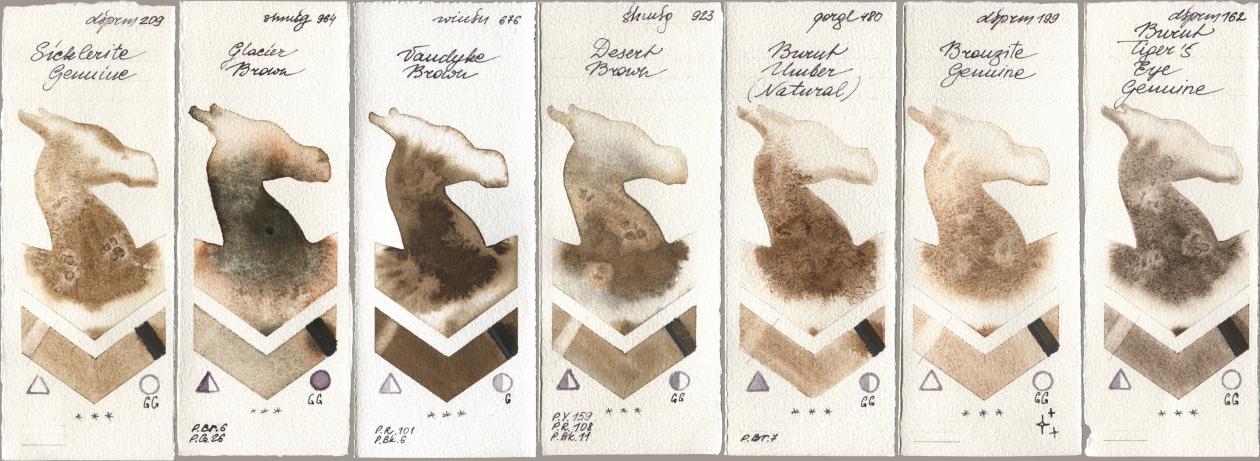 Daniel Smith 209 Sicklerite Genuine, Shminke Horadam Aquarell 964 Glacier Brown, Winsor & Newton Professional 676 Vandyke Brown, 923 Desert Brown, Golden QOR 480 Burnt Umber (Natural), 199 Bronzite Genuine, 162 Burnt Tigers Eye Genui watercolor swatch