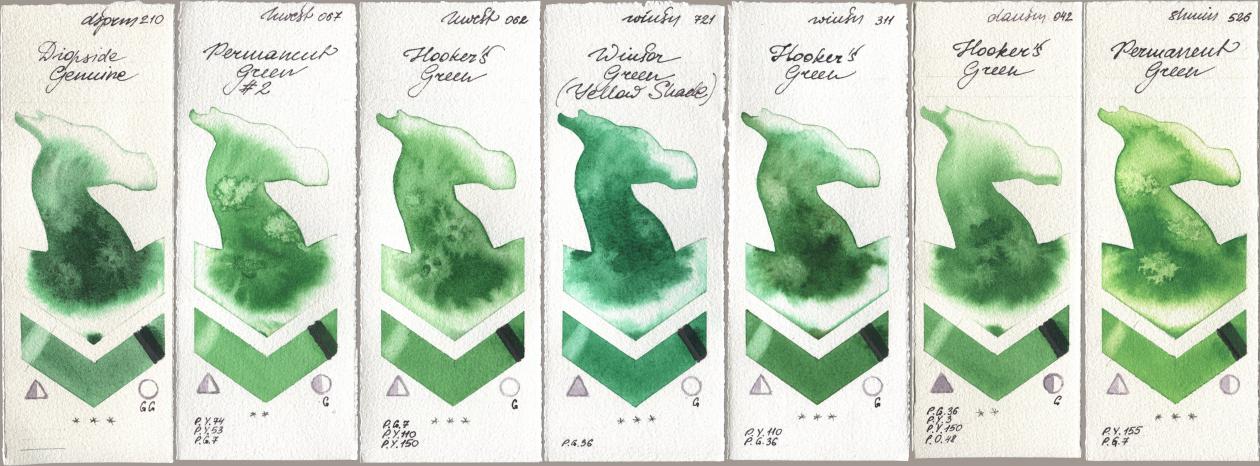 Daniel Smith 210 Diopside Genuine, Holbein Artists Watercolor 067 Permanent Green No 2, 062 Hookers Green, Winsor & Newton Professional 721 Winsor Green (Yellow shade), 311 Hookers Green, 042 Hookers Green, Shminke Horadam Aquarell 526 Permanent Gre watercolor swatch