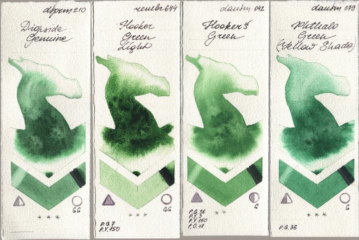 Daniel Smith 210 Diopside Genuine, Royal Talens Rembrandt Watercolour 644 Hooker Green Light, 042 Hookers Green, 079 Phthalo Green (Yellow Shad watercolor swatch