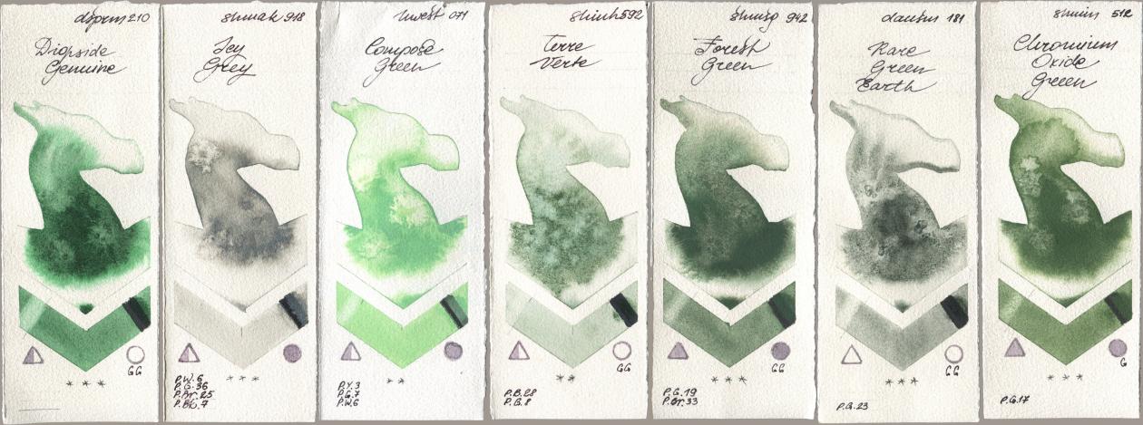 Daniel Smith 210 Diopside Genuine, Shminke Akademie Aquarell 918 Icy Grey, Holbein Artists Watercolor 071 Compose Green, Shinhan PWC 592 Terre Verte, Shminke Horadam Aquarell 942 Forest Green, 181 Rare Green Earth, 512 Chromium Oxide Gre watercolor swatch