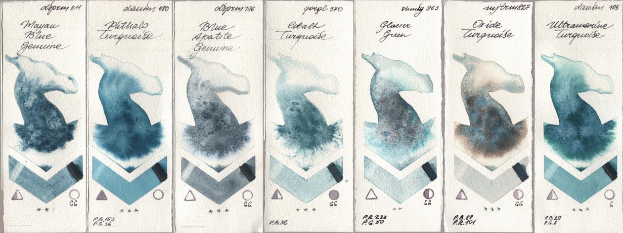 Daniel Smith 211 Mayan Blue Genuine, 080 Phthalo Turquoise, 196 Blue Apatite Genuine, Golden QOR 370 Cobalt Turquoise, Shminke Horadam Aquarell 963 Glacier Green, Mijello Mission Gold 827 Oxide Turquoise, 105 Ultramarine Turquoi watercolor swatch