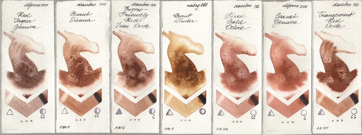 Daniel Smith 240 Red Jasper Genuine, 010 Burnt Sienna, 177 Enviro-Friendly Red Iron Oxide, Rosa Gallery 746 Burnt Umber, 172 Fired Gold Ochre, 205 Garnet Genuine, 130 Transparent Red Oxi watercolor swatch