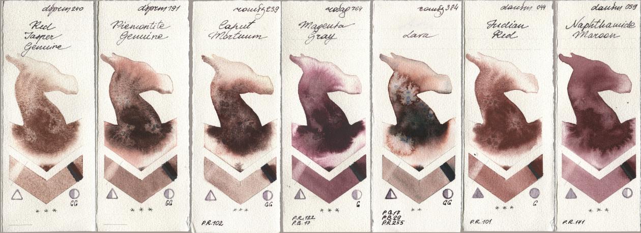 Daniel Smith 240 Red Jasper Genuine, 191 Piemontite Genuine, Roman Szmal Aquarius 239 Caput Mortuum, Rosa Gallery 764 Magenta Gray, 384 Lava, 044 Indian Red, 059 Naphthamide Maro watercolor swatch