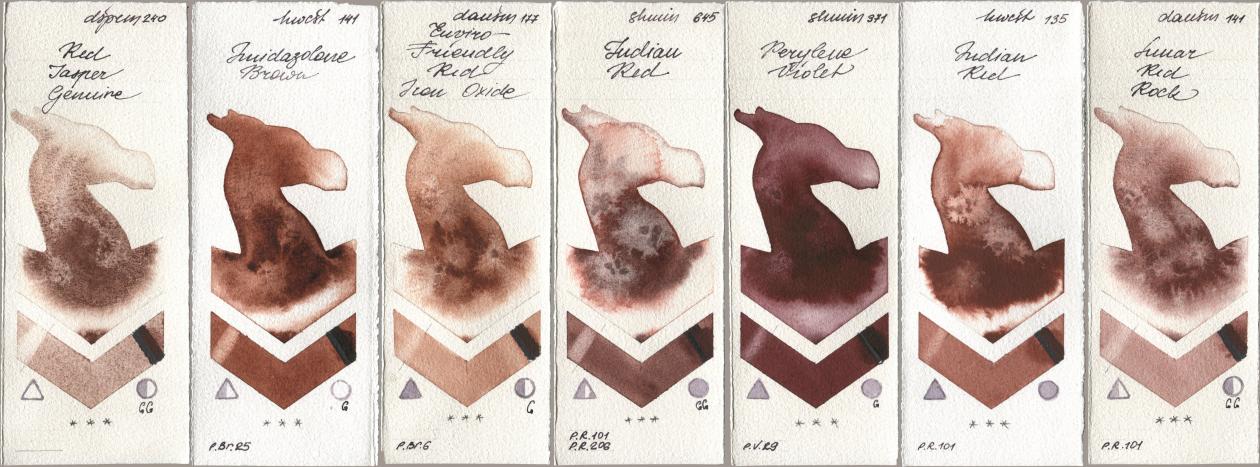 Daniel Smith 240 Red Jasper Genuine, Holbein Artists Watercolor 141 Imidazolone Brown, 177 Enviro-Friendly Red Iron Oxide, Shminke Horadam Aquarell 645 Indian Red, 371 Perylene Violet, 135 Indian Red, 141 Lunar Red Ro watercolor swatch