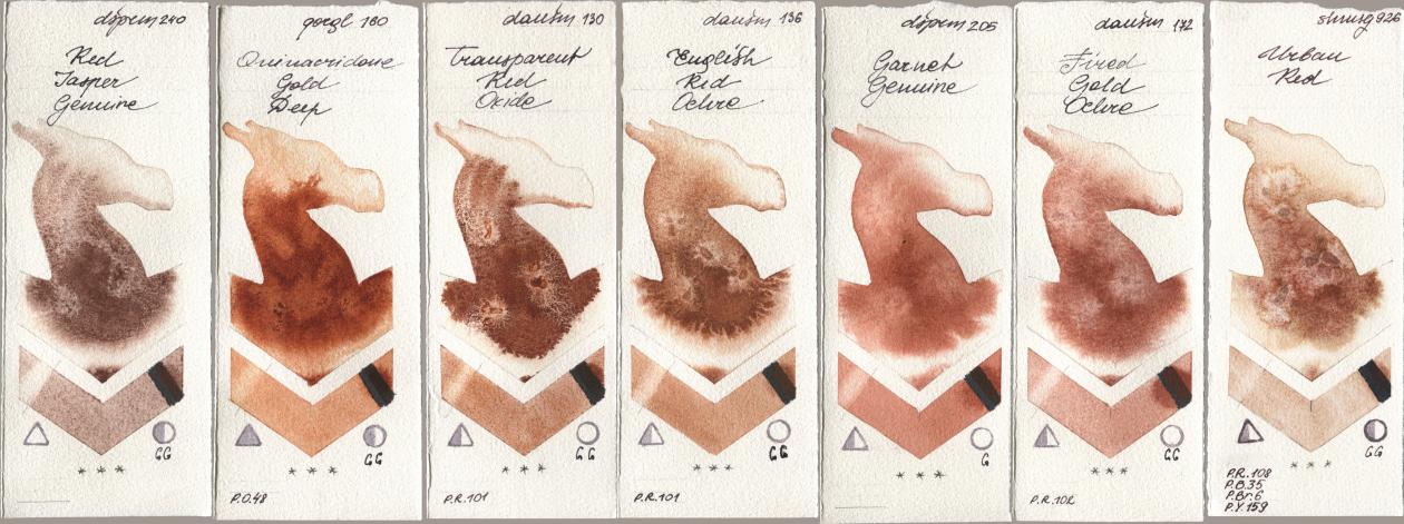 Daniel Smith 240 Red Jasper Genuine, Golden QOR 160 Quinacridone Gold Deep, 130 Transparent Red Oxide, 136 English Red Ochre, 205 Garnet Genuine, 172 Fired Gold Ochre, Shminke Horadam Aquarell 926 Urban R watercolor swatch