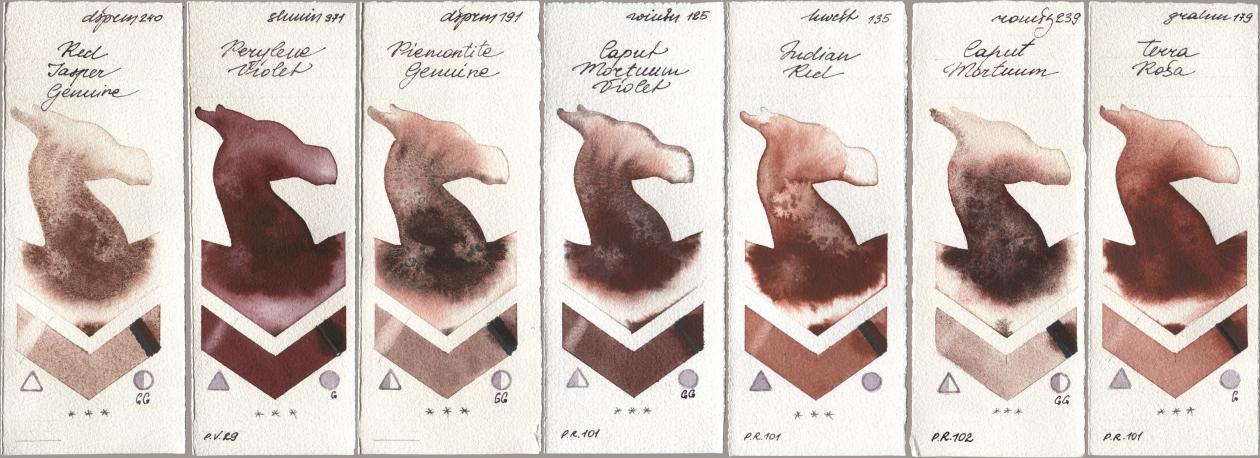 Daniel Smith 240 Red Jasper Genuine, Shminke Horadam Aquarell 371 Perylene Violet, 191 Piemontite Genuine, Winsor & Newton Professional 125 Caput Mortuum Violet, Holbein Artists Watercolor 135 Indian Red, Roman Szmal Aquarius 239 Caput Mortuum, M. Graham & Co. Artists 179 Terra Ro watercolor swatch