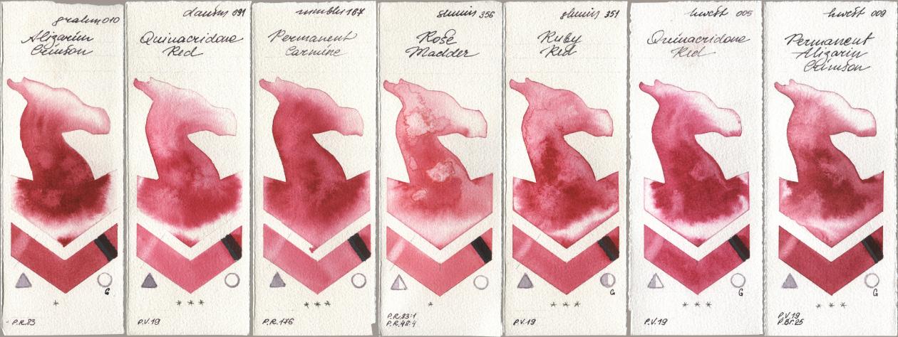 M. Graham & Co. Artists 010 Alizarin Crimson, Daniel Smith 091 Quinacridone Red, Maimeri Blu 167 Permanent Carmine, Shminke Horadam Aquarell 356 Rose Madder, 351 Ruby Red, Holbein Artists Watercolor 005 Quinacridone Red, 009 Permanent Alizarin Crims watercolor swatch