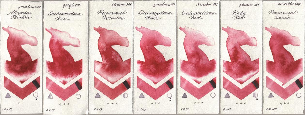 M. Graham & Co. Artists 010 Alizarin Crimson, Golden QOR 235 Quinacridone Red, Shminke Horadam Aquarell 353 Permanent Carmine, 156 Quinacridone Rose, Daniel Smith 091 Quinacridone Red, 351 Ruby Red, Maimeri Blu 167 Permanent Carmi watercolor swatch