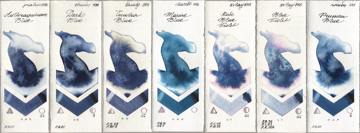 M. Graham & Co. Artists 012 Anthraquinone Blue, Shminke Horadam Aquarell 498 Dark Blue, 984 Tundra Blue, Holbein Artists Watercolor 102 Marine Blue, SuperVision 736 Rose Blue Violet, 742 Blue Violet, Winsor & Newton Professional 538 Prussian Bl watercolor swatch