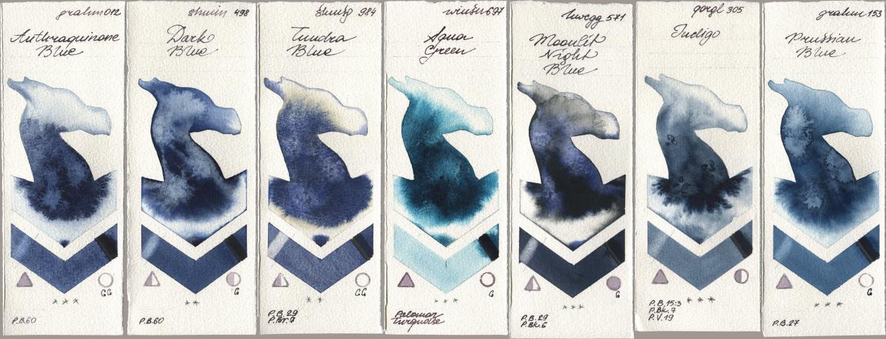 M. Graham & Co. Artists 012 Anthraquinone Blue, Shminke Horadam Aquarell 498 Dark Blue, 984 Tundra Blue, Winsor & Newton Professional 697 Aqua Green, Holbein Artists Watercolor 571 Moonlit Night Blue, Golden QOR 305 Indigo, 153 Prussian Bl watercolor swatch