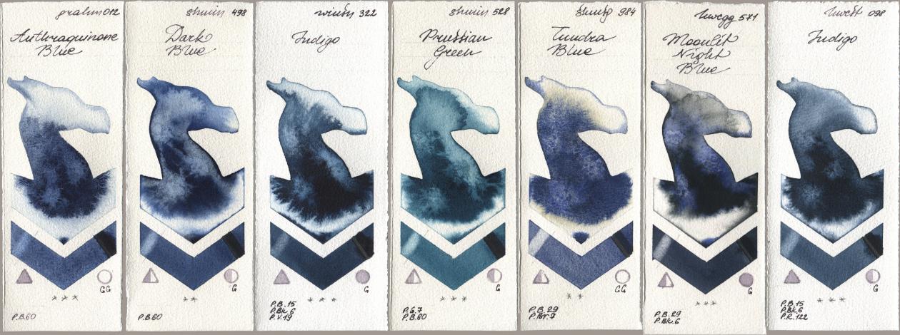 M. Graham & Co. Artists 012 Anthraquinone Blue, Shminke Horadam Aquarell 498 Dark Blue, Winsor & Newton Professional 322 Indigo, 528 Prussian Green, 984 Tundra Blue, Holbein Artists Watercolor 571 Moonlit Night Blue, 098 Indi watercolor swatch