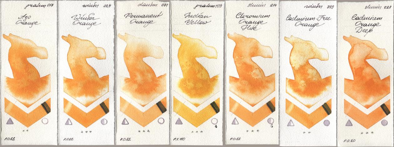 M. Graham & Co. Artists 017 Azo Orange, Winsor & Newton Professional 724 Winsor Orange, Daniel Smith 071 Permanent Orange, 109 Indian Yellow, Shminke Horadam Aquarell 214 Chrome Organge LF (Chromium Orange Hue), 899 Cadmium-Free Orange, 228 Cadmium Orange De watercolor swatch