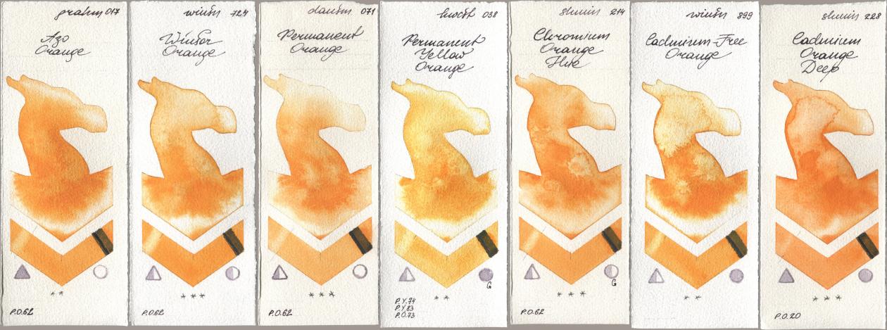 M. Graham & Co. Artists 017 Azo Orange, Winsor & Newton Professional 724 Winsor Orange, Daniel Smith 071 Permanent Orange, Holbein Artists Watercolor 038 Permanent Yellow Orange, Shminke Horadam Aquarell 214 Chrome Organge LF (Chromium Orange Hue), 899 Cadmium-Free Orange, 228 Cadmium Orange De watercolor swatch