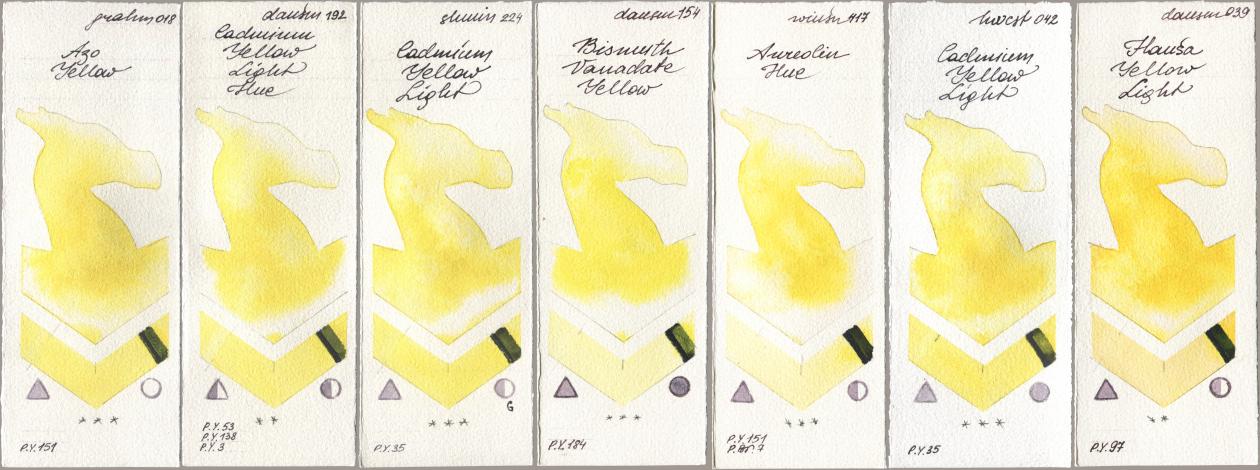 M. Graham & Co. Artists 018 Azo Yellow, Daniel Smith 192 Cadmium Yellow Light Hue, Shminke Horadam Aquarell 224 Cadmium Yellow Light, 154 Bismuth Vanadate Yellow, Winsor & Newton Professional 417 Aureolin Hue, Holbein Artists Watercolor 042 Cadmium Yellow Light, 039 Hansa Yellow Lig watercolor swatch