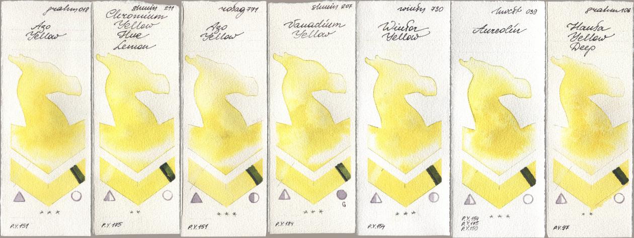 M. Graham & Co. Artists 018 Azo Yellow, Shminke Horadam Aquarell 211 Chromium Yellow Hue Lemon, Rosa Gallery 771 Azo Yellow, 207 Vanadium Yellow, Winsor & Newton Professional 730 Winsor Yellow, Holbein Artists Watercolor 039 Aureolin, 106 Hansa Yellow De watercolor swatch