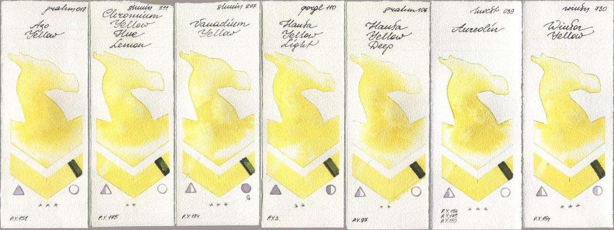 M. Graham & Co. Artists 018 Azo Yellow, Shminke Horadam Aquarell 211 Chromium Yellow Hue Lemon, 207 Vanadium Yellow, Golden QOR 110 Hansa Yellow Light, 106 Hansa Yellow Deep, Holbein Artists Watercolor 039 Aureolin, Winsor & Newton Professional 730 Winsor Yell watercolor swatch