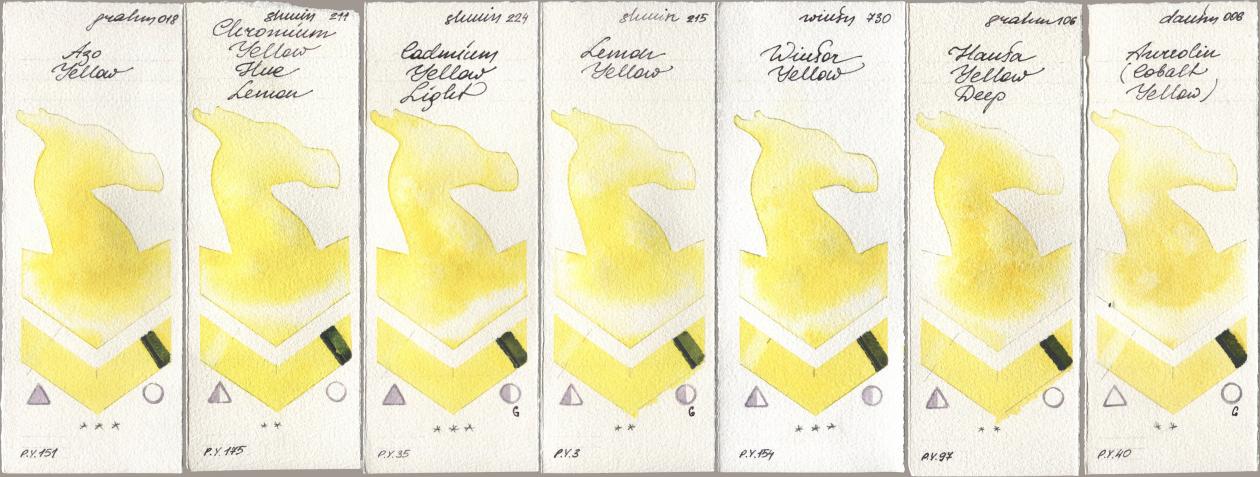 M. Graham & Co. Artists 018 Azo Yellow, Shminke Horadam Aquarell 211 Chromium Yellow Hue Lemon, 224 Cadmium Yellow Light, 215 Lemon Yellow, Winsor & Newton Professional 730 Winsor Yellow, 106 Hansa Yellow Deep, Daniel Smith 006 Aureolin (Cobalt Yello watercolor swatch