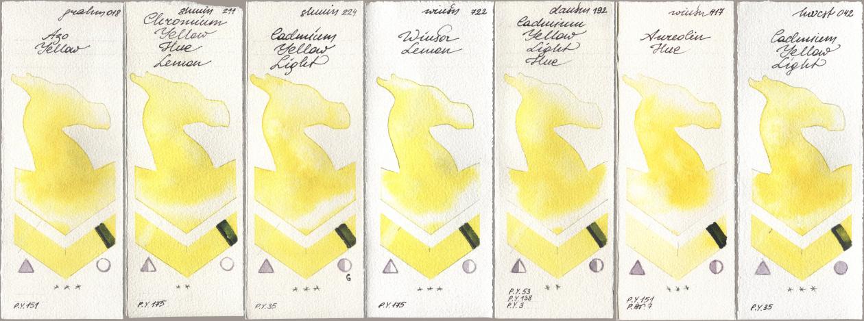 M. Graham & Co. Artists 018 Azo Yellow, Shminke Horadam Aquarell 211 Chromium Yellow Hue Lemon, 224 Cadmium Yellow Light, Winsor & Newton Professional 722 Winsor Lemon, Daniel Smith 192 Cadmium Yellow Light Hue, 417 Aureolin Hue, Holbein Artists Watercolor 042 Cadmium Yellow Lig watercolor swatch