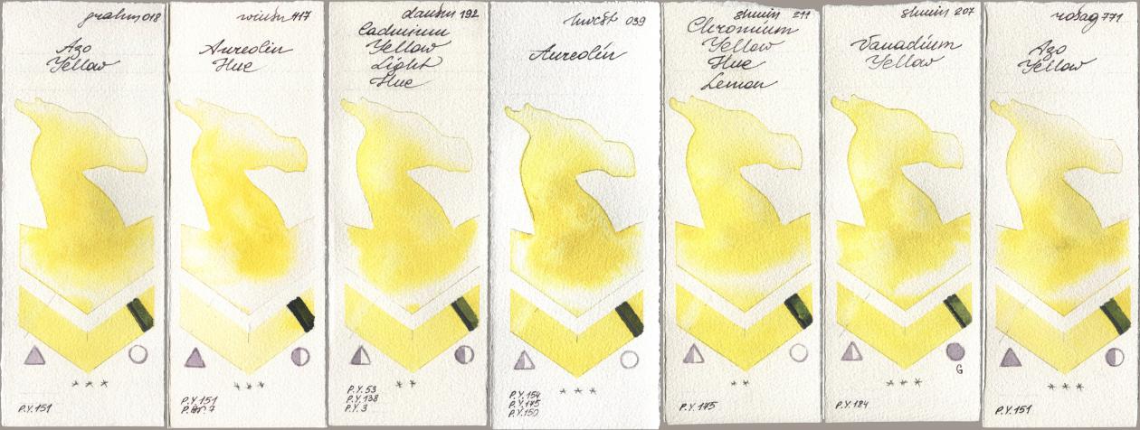 M. Graham & Co. Artists 018 Azo Yellow, Winsor & Newton Professional 417 Aureolin Hue, Daniel Smith 192 Cadmium Yellow Light Hue, Holbein Artists Watercolor 039 Aureolin, Shminke Horadam Aquarell 211 Chromium Yellow Hue Lemon, 207 Vanadium Yellow, Rosa Gallery 771 Azo Yell watercolor swatch
