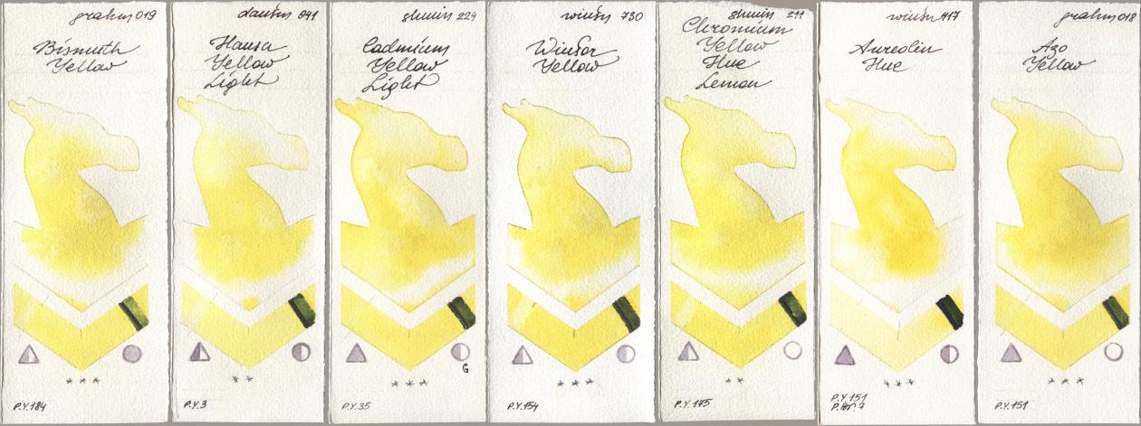 M. Graham & Co. Artists 019 Bismuth Yellow, Daniel Smith 041 Hansa Yellow Light, Shminke Horadam Aquarell 224 Cadmium Yellow Light, Winsor & Newton Professional 730 Winsor Yellow, 211 Chromium Yellow Hue Lemon, 417 Aureolin Hue, 018 Azo Yell watercolor swatch