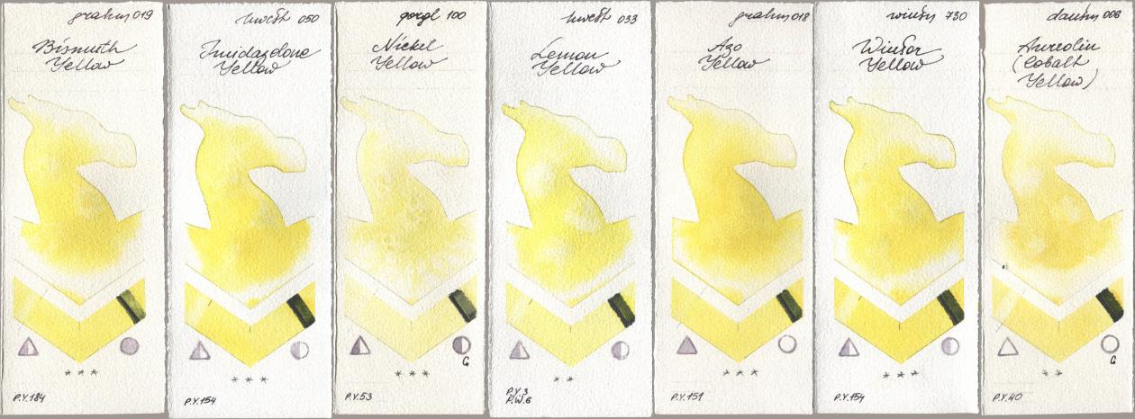 M. Graham & Co. Artists 019 Bismuth Yellow, Holbein Artists Watercolor 050 Imidazolone Yellow, Golden QOR 100 Nickel Yellow, 033 Lemon Yellow, 018 Azo Yellow, Winsor & Newton Professional 730 Winsor Yellow, Daniel Smith 006 Aureolin (Cobalt Yello watercolor swatch