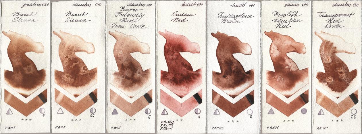 M. Graham & Co. Artists 020 Burnt Sienna, Daniel Smith 010 Burnt Sienna, 177 Enviro-Friendly Red Iron Oxide, Kuretake Gansai Tambi 071 Indian Red, Holbein Artists Watercolor 141 Imidazolone Brown, Shminke Horadam Aquarell 649 English Venetian Red, 130 Transparent Red Oxi watercolor swatch