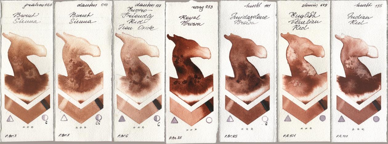 M. Graham & Co. Artists 020 Burnt Sienna, Daniel Smith 010 Burnt Sienna, 177 Enviro-Friendly Red Iron Oxide, Rosa Gallery 753 Royal Brown, Holbein Artists Watercolor 141 Imidazolone Brown, Shminke Horadam Aquarell 649 English Venetian Red, 135 Indian R watercolor swatch