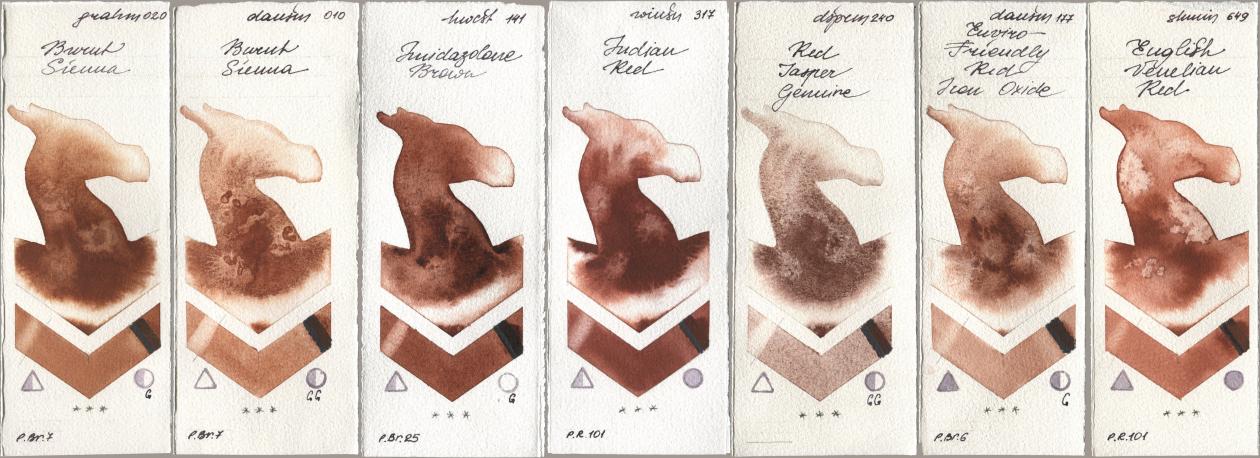M. Graham & Co. Artists 020 Burnt Sienna, Daniel Smith 010 Burnt Sienna, Holbein Artists Watercolor 141 Imidazolone Brown, Winsor & Newton Professional 317 Indian Red, 240 Red Jasper Genuine, 177 Enviro-Friendly Red Iron Oxide, Shminke Horadam Aquarell 649 English Venetian R watercolor swatch
