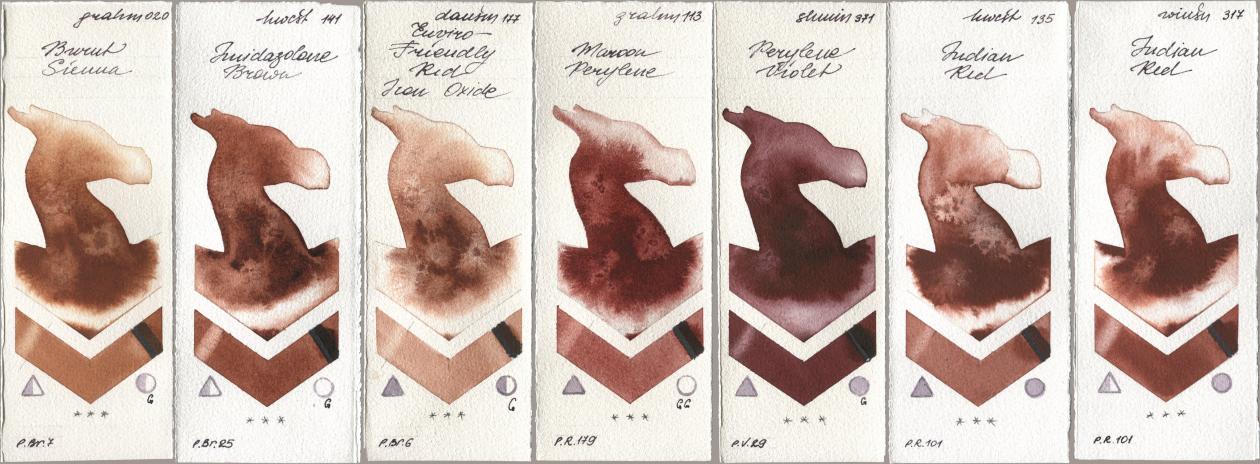 M. Graham & Co. Artists 020 Burnt Sienna, Holbein Artists Watercolor 141 Imidazolone Brown, Daniel Smith 177 Enviro-Friendly Red Iron Oxide, 113 Maroon Perylene, Shminke Horadam Aquarell 371 Perylene Violet, 135 Indian Red, Winsor & Newton Professional 317 Indian R watercolor swatch
