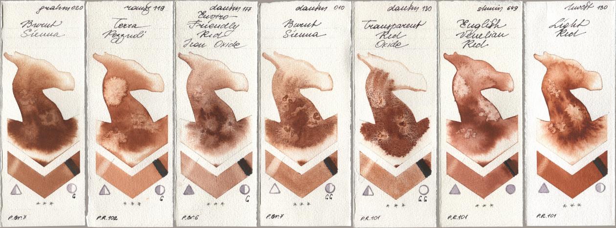M. Graham & Co. Artists 020 Burnt Sienna, Roman Szmal Aquarius 119 Terra Pozzuoli, Daniel Smith 177 Enviro-Friendly Red Iron Oxide, 010 Burnt Sienna, 130 Transparent Red Oxide, Shminke Horadam Aquarell 649 English Venetian Red, Holbein Artists Watercolor 130 Light R watercolor swatch