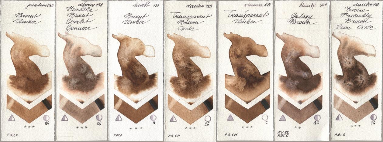 M. Graham & Co. Artists 030 Burnt Umber, Daniel Smith 158 Hematite Burnt Scarlet Genuine, Holbein Artists Watercolor 133 Burnt Umber, 129 Transparent Brown Oxide, Shminke Horadam Aquarell 671 Transparent Umber, 974 Galaxy Brown, 178 Enviro-Friendly Brown Iron Oxi watercolor swatch