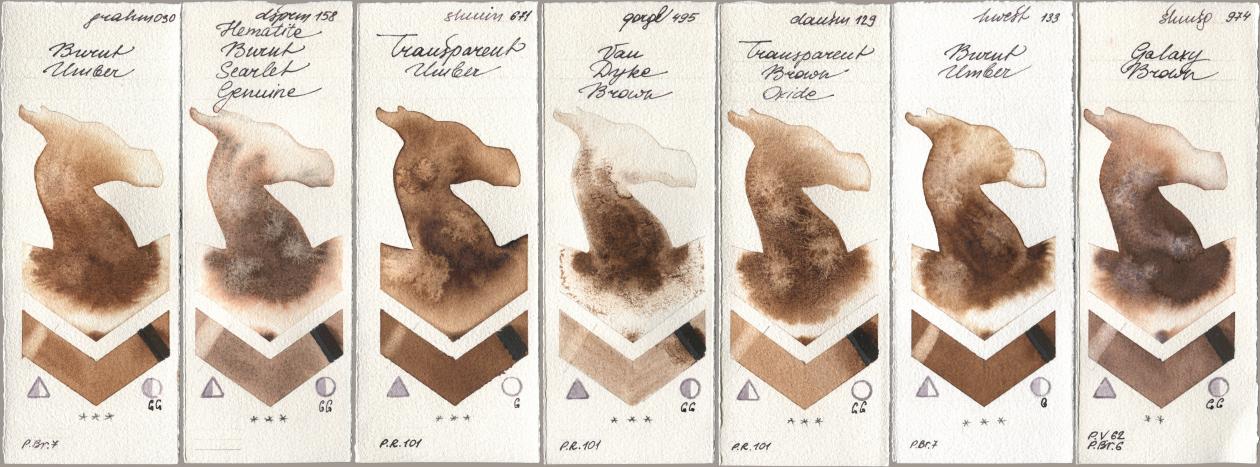 M. Graham & Co. Artists 030 Burnt Umber, Daniel Smith 158 Hematite Burnt Scarlet Genuine, Shminke Horadam Aquarell 671 Transparent Umber, Golden QOR 495 Van Dyke Brown, 129 Transparent Brown Oxide, Holbein Artists Watercolor 133 Burnt Umber, 974 Galaxy Bro watercolor swatch