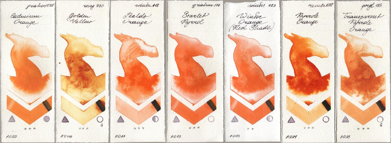 M. Graham & Co. Artists 038 Cadmium Orange, Rosa Gallery 730 Golden Yellow, Winsor & Newton Professional 418 Fields Orange, 176 Scarlet Pyrrol, 723 Winsor Orange (Red Shade), Royal Talens Rembrandt Watercolour 278 Pyrrole Orange, Golden QOR 185 Transparent Pyrrole Oran watercolor swatch