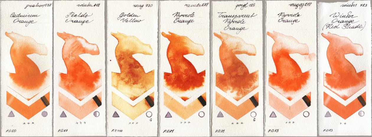 M. Graham & Co. Artists 038 Cadmium Orange, Winsor & Newton Professional 418 Fields Orange, Rosa Gallery 730 Golden Yellow, Royal Talens Rembrandt Watercolour 278 Pyrrole Orange, Golden QOR 185 Transparent Pyrrole Orange, Royal Talens Van Gogh Watercolour 278 Pyrrole Orange, 723 Winsor Orange (Red Shad watercolor swatch