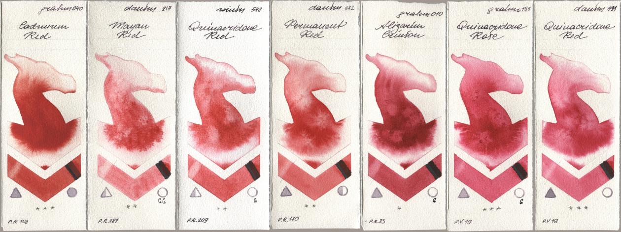 M. Graham & Co. Artists 040 Cadmium Red, Daniel Smith 217 Mayan Red, Winsor & Newton Professional 548 Quinacridone Red, 072 Permanent Red, 010 Alizarin Crimson, 156 Quinacridone Rose, 091 Quinacridone R watercolor swatch