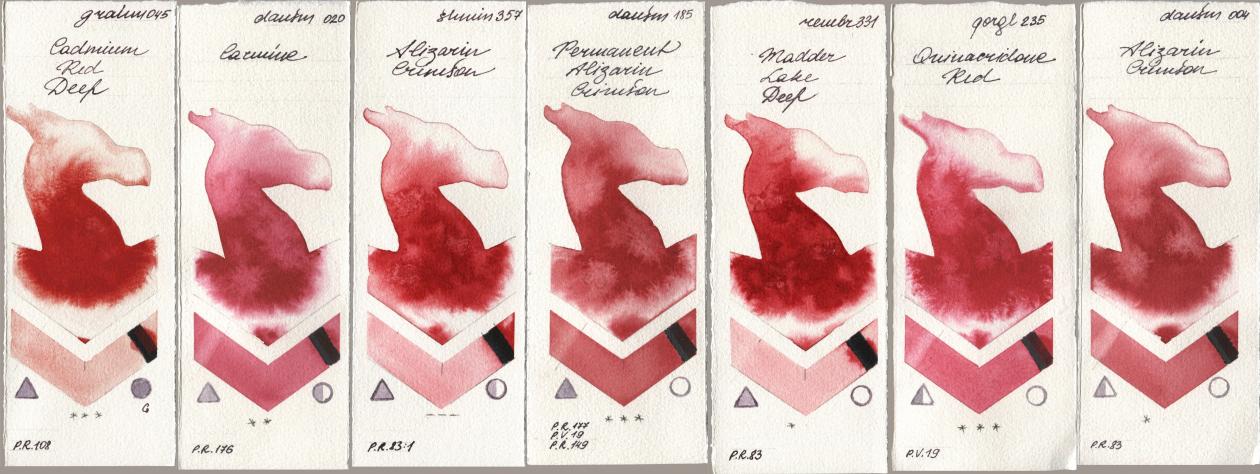 M. Graham & Co. Artists 045 Cadmium Red Deep, Daniel Smith 020 Carmine, Shminke Horadam Aquarell 357 Alizarin Crimson, 185 Permanent Alizarin Crimson, Royal Talens Rembrandt Watercolour 331 Madder Lake Deep, Golden QOR 235 Quinacridone Red, 004 Alizarin Crims watercolor swatch