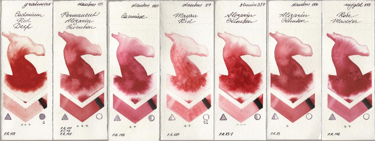 M. Graham & Co. Artists 045 Cadmium Red Deep, Daniel Smith 185 Permanent Alizarin Crimson, 020 Carmine, 217 Mayan Red, Shminke Horadam Aquarell 357 Alizarin Crimson, 004 Alizarin Crimson, Mijello Mission Gold 513 Rose Madd watercolor swatch