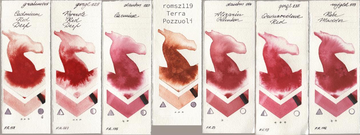 M. Graham & Co. Artists 045 Cadmium Red Deep, Golden QOR 225 Pyrrole Red Deep, Daniel Smith 020 Carmine, my 119 pozzuoli, 004 Alizarin Crimson, 235 Quinacridone Red, Mijello Mission Gold 513 Rose Madd watercolor swatch