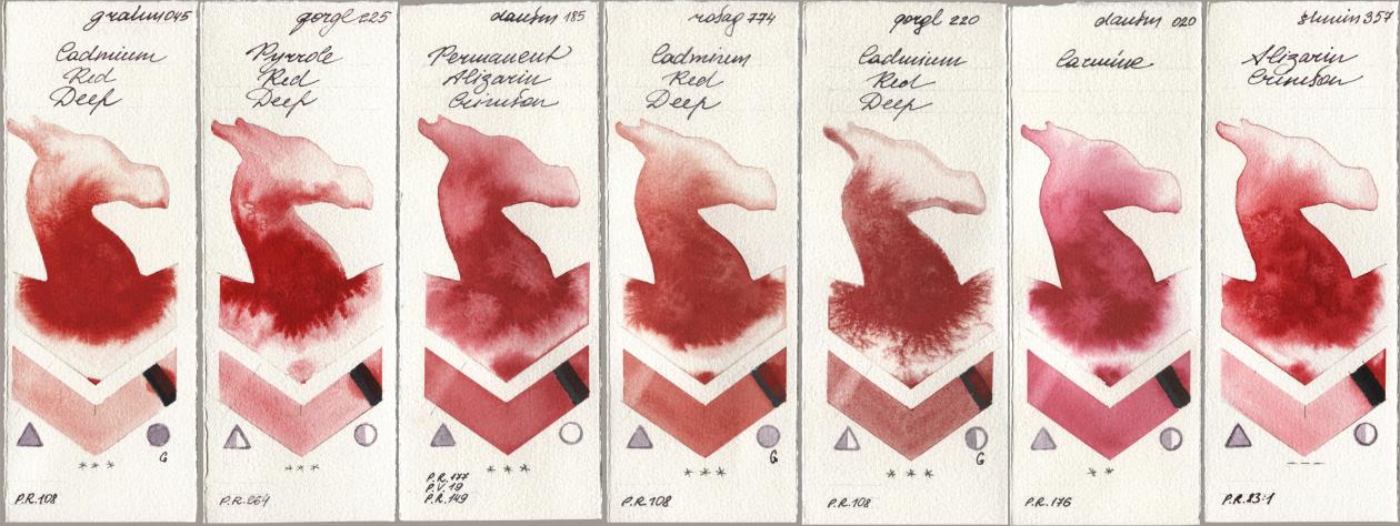 M. Graham & Co. Artists 045 Cadmium Red Deep, Golden QOR 225 Pyrrole Red Deep, Daniel Smith 185 Permanent Alizarin Crimson, Rosa Gallery 774 Cadmium Red Deep, 220 Cadmium Red Deep, 020 Carmine, Shminke Horadam Aquarell 357 Alizarin Crims watercolor swatch