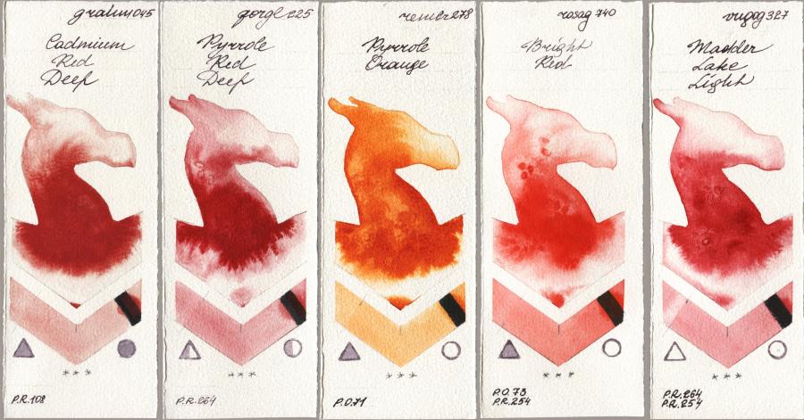 M. Graham & Co. Artists 045 Cadmium Red Deep vs Golden QOR 225 Pyrrole Red Deep vs Royal Talens Rembrandt Watercolour 278 Pyrrole Orange vs Rosa Gallery 740 Bright Red vs Royal Talens Van Gogh Watercolour 327 Madder Lake Light watercolor swatch