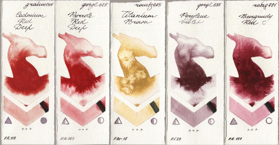 M. Graham & Co. Artists 045 Cadmium Red Deep vs Golden QOR 225 Pyrrole Red Deep vs Roman Szmal Aquarius 265 Titanium Brown vs 635 Perylene Violet vs Rosa Gallery 781 Burgundy Red watercolor swatch