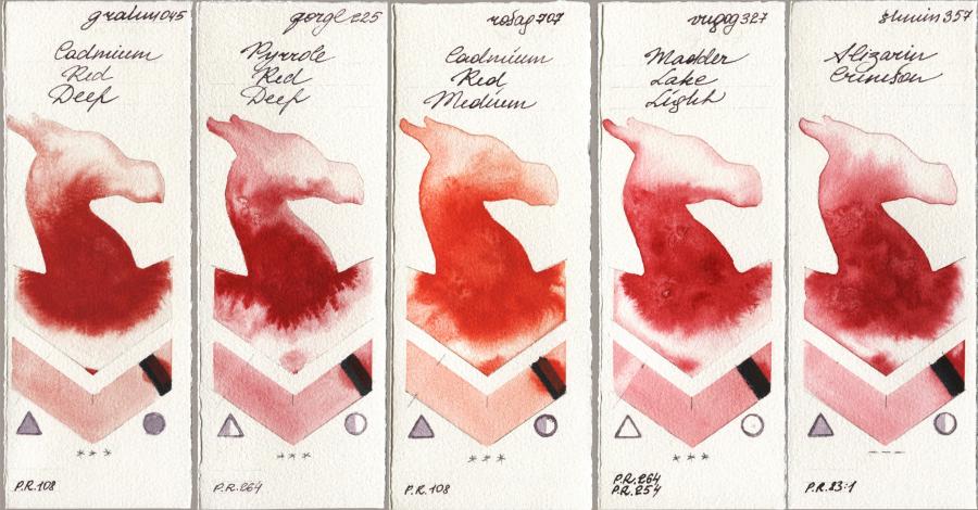 M. Graham & Co. Artists 045 Cadmium Red Deep vs Golden QOR 225 Pyrrole Red Deep vs Rosa Gallery 707 Cadmium Red Medium vs Royal Talens Van Gogh Watercolour 327 Madder Lake Light vs Shminke Horadam Aquarell 357 Alizarin Crimson watercolor swatch