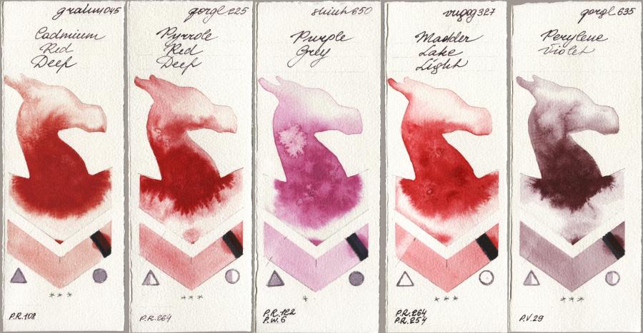 M. Graham & Co. Artists 045 Cadmium Red Deep vs Golden QOR 225 Pyrrole Red Deep vs Shinhan PWC 650 Purple Grey vs Royal Talens Van Gogh Watercolour 327 Madder Lake Light vs 635 Perylene Violet watercolor swatch
