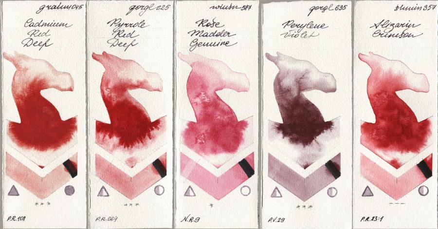 M. Graham & Co. Artists 045 Cadmium Red Deep vs Golden QOR 225 Pyrrole Red Deep vs Winsor & Newton Professional 587 Rose Madder Genuine vs 635 Perylene Violet vs Shminke Horadam Aquarell 357 Alizarin Crimson watercolor swatch