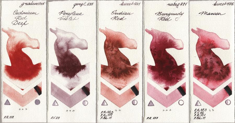 M. Graham & Co. Artists 045 Cadmium Red Deep vs Golden QOR 635 Perylene Violet vs Kuretake Gansai Tambi 071 Indian Red vs Rosa Gallery 781 Burgundy Red vs 072 Maroon watercolor swatch