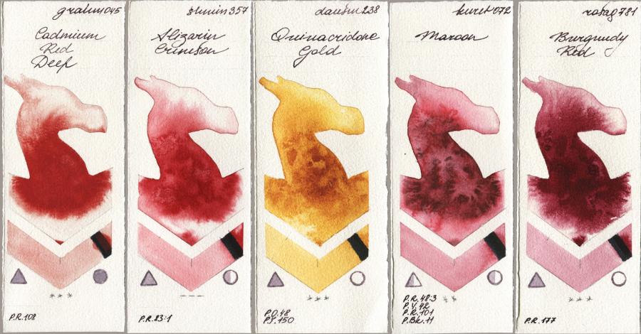 M. Graham & Co. Artists 045 Cadmium Red Deep vs Shminke Horadam Aquarell 357 Alizarin Crimson vs Daniel Smith 238 Quinacridone Gold vs Kuretake Gansai Tambi 072 Maroon vs Rosa Gallery 781 Burgundy Red watercolor swatch