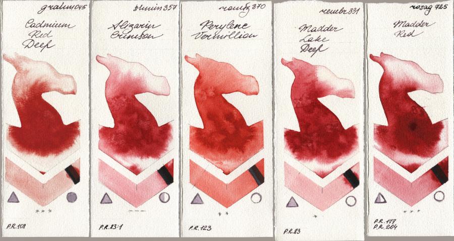 M. Graham & Co. Artists 045 Cadmium Red Deep vs Shminke Horadam Aquarell 357 Alizarin Crimson vs Roman Szmal Aquarius 370 Perylene Vermillion vs Royal Talens Rembrandt Watercolour 331 Madder Lake Deep vs Rosa Gallery 725 Madder Red watercolor swatch