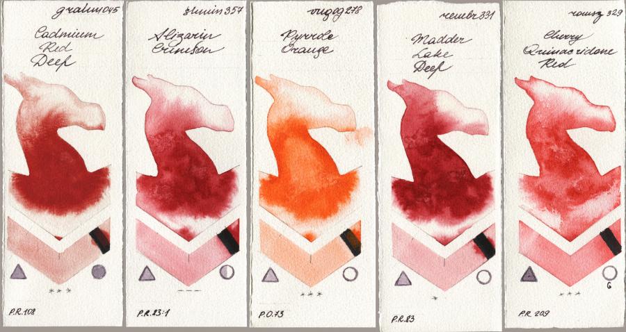 M. Graham & Co. Artists 045 Cadmium Red Deep vs Shminke Horadam Aquarell 357 Alizarin Crimson vs Royal Talens Van Gogh Watercolour 278 Pyrrole Orange vs Royal Talens Rembrandt Watercolour 331 Madder Lake Deep vs Roman Szmal Aquarius 329 Cherry Quinacridone Red watercolor swatch
