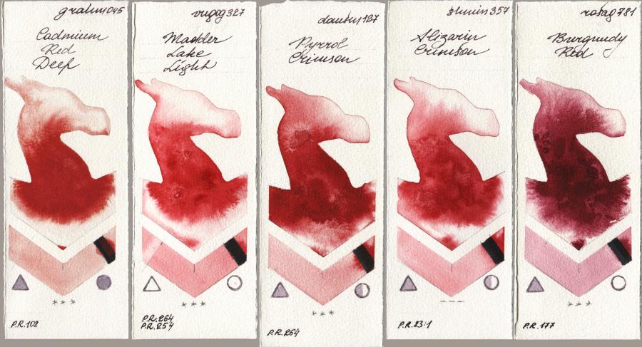 M. Graham & Co. Artists 045 Cadmium Red Deep vs Royal Talens Van Gogh Watercolour 327 Madder Lake Light vs Daniel Smith 127 Pyrrol Crimson vs Shminke Horadam Aquarell 357 Alizarin Crimson vs Rosa Gallery 781 Burgundy Red watercolor swatch
